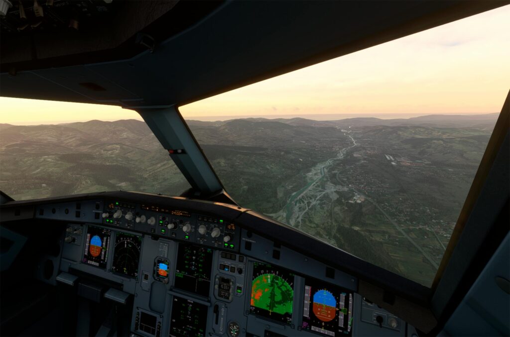 View from airplane cockpit of Çaycuma, Zonguldak at sunset. Scenic aerial landscape.