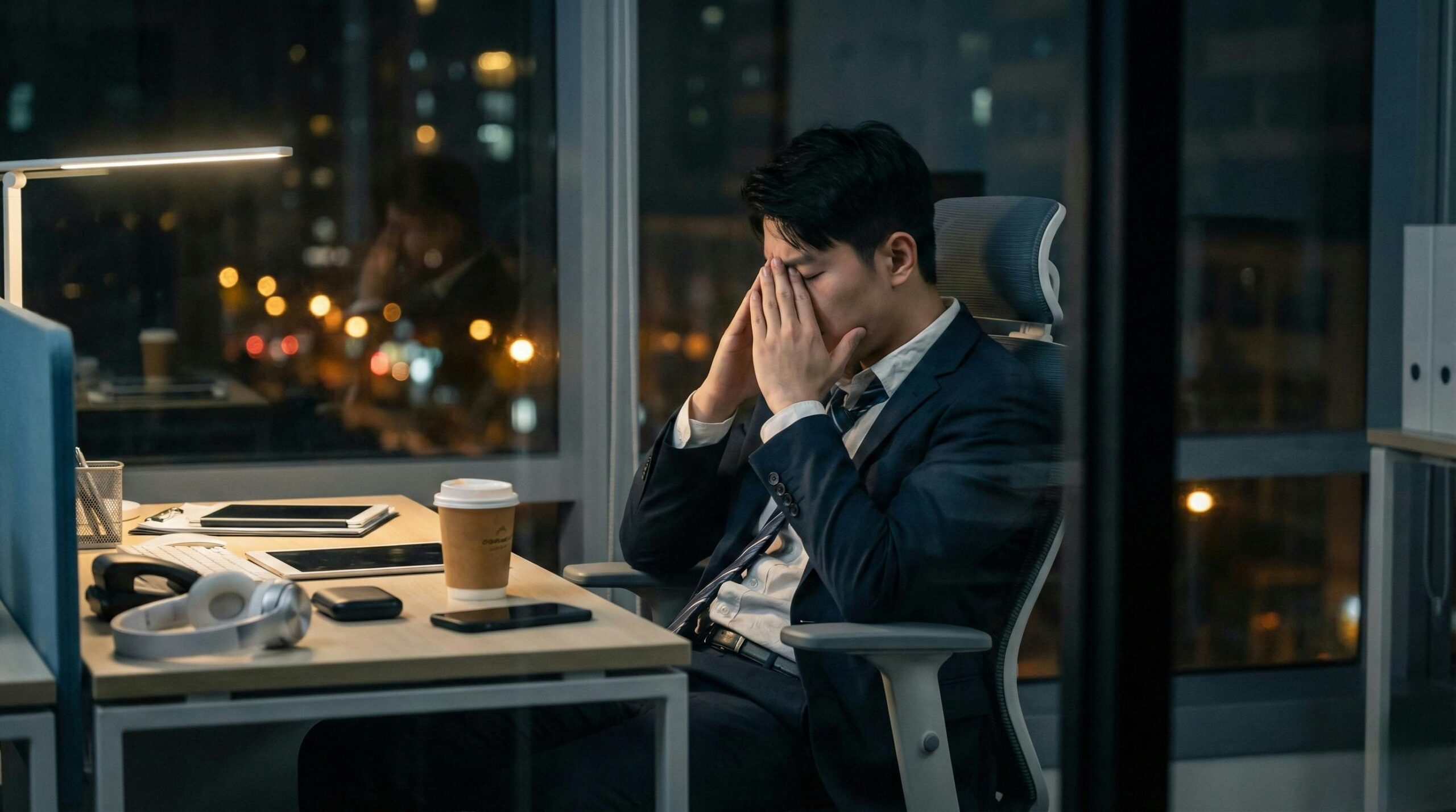 A businessman in a suit sits stressed at his office desk late at night, illustrating the signs of being burnt out or depressed in Singapore's workplace culture.